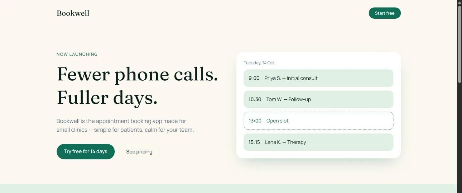 The AI-built Bookwell page: a serif headline,